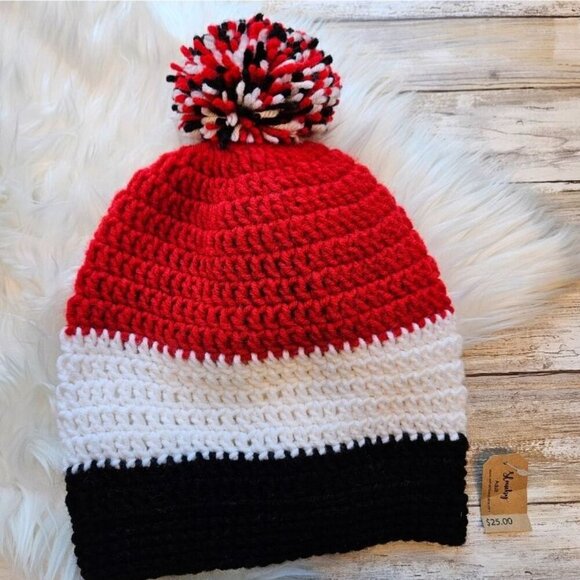 Other - Kids Hat from Cotton N Kandi on Etsy- 20" Slouchy Pom Pom, Red, Black, White